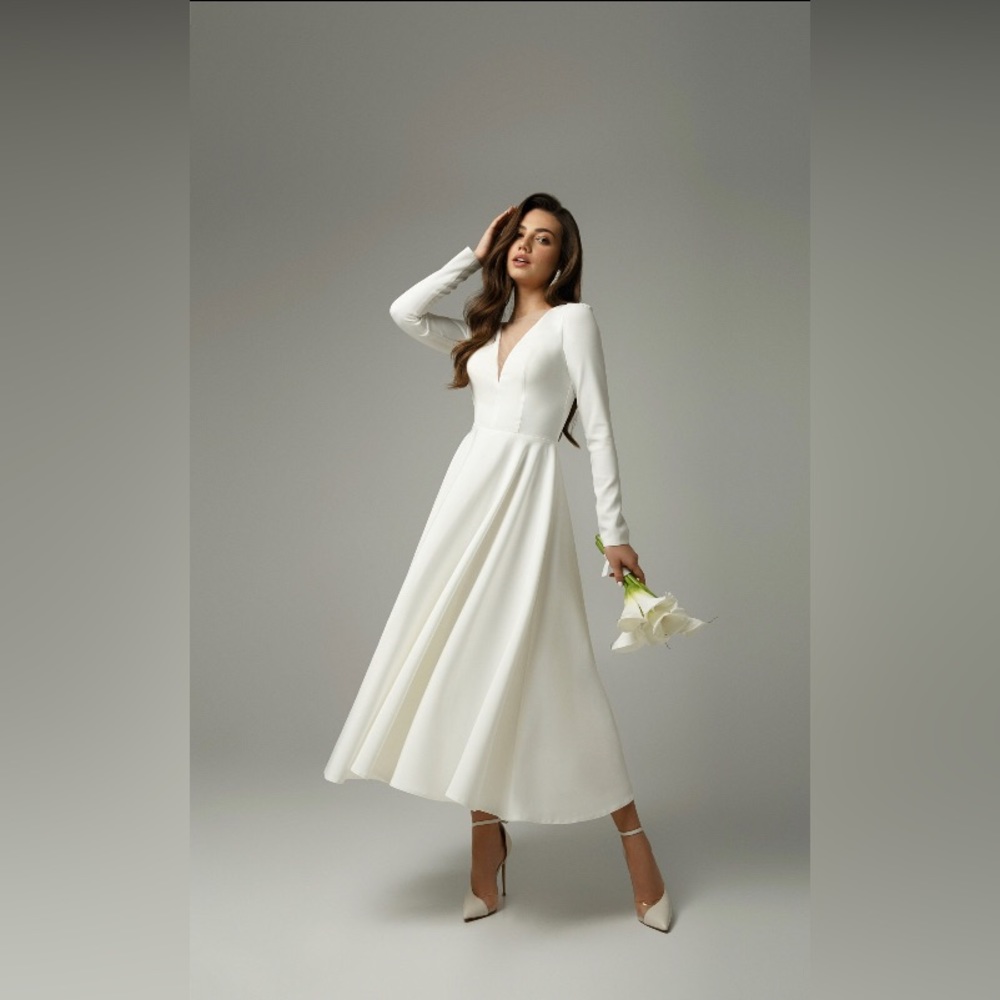 White Long Sleeve Tea Length Wedding Dress